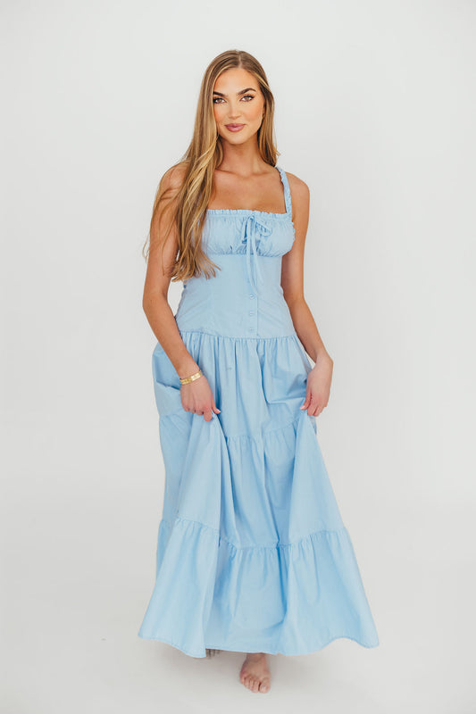 Sutton Corset Button Down Tiered Maxi Dress in Light Blue