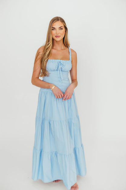 Sutton Corset Button Down Tiered Maxi Dress in Light Blue