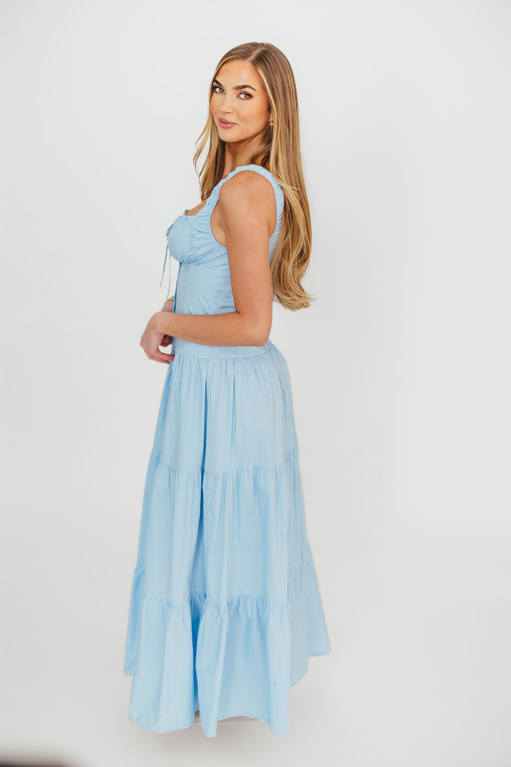 Sutton Corset Button Down Tiered Maxi Dress in Light Blue