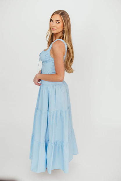 Sutton Corset Button Down Tiered Maxi Dress in Light Blue