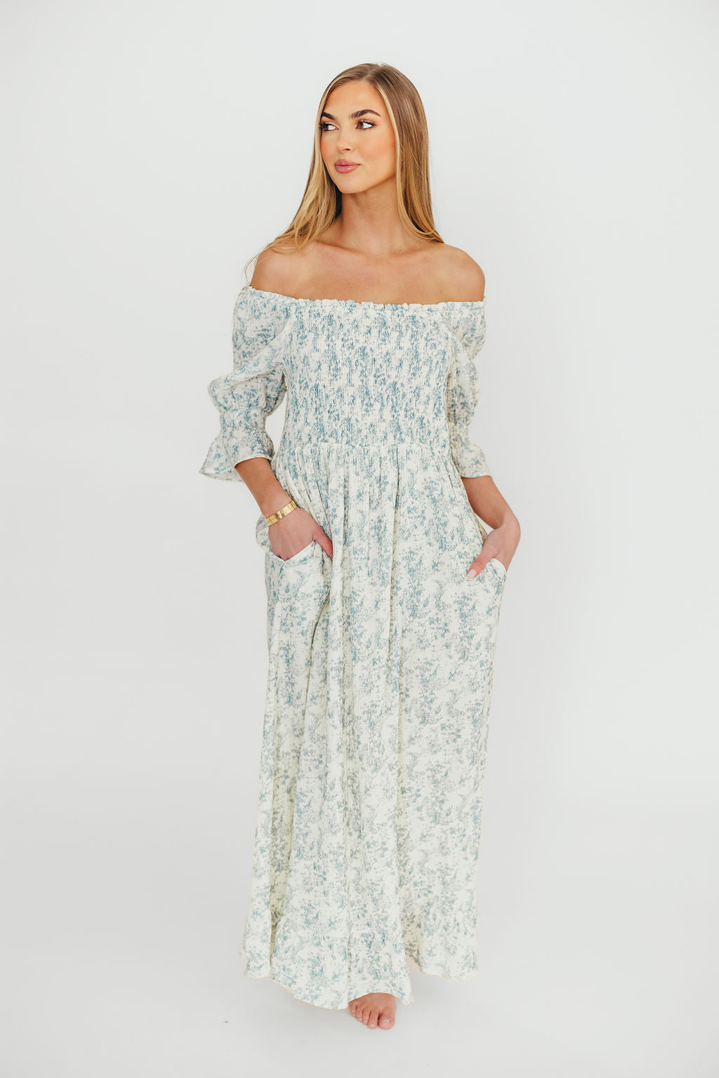 Sienna 100% Cotton Puff Sleeve Maxi Dress in Blue Floral - Bump Friendly