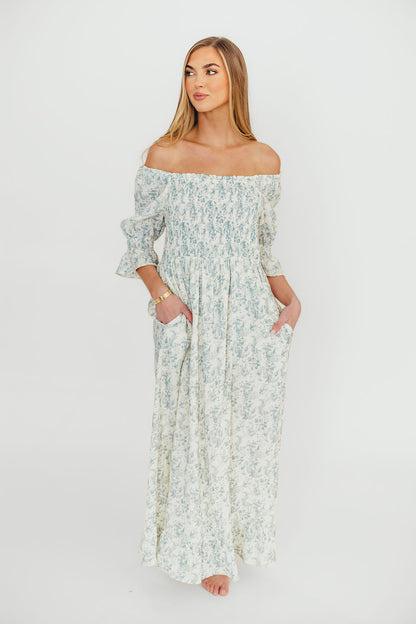 Sienna 100% Cotton Puff Sleeve Maxi Dress in Blue Floral - Bump Friendly