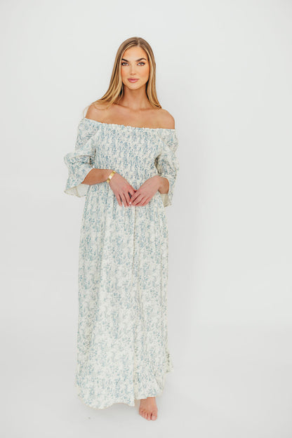 Sienna 100% Cotton Puff Sleeve Maxi Dress in Blue Floral - Bump Friendly