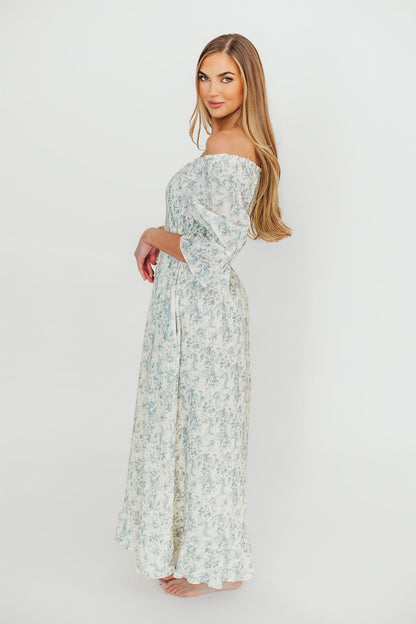Sienna 100% Cotton Puff Sleeve Maxi Dress in Blue Floral - Bump Friendly