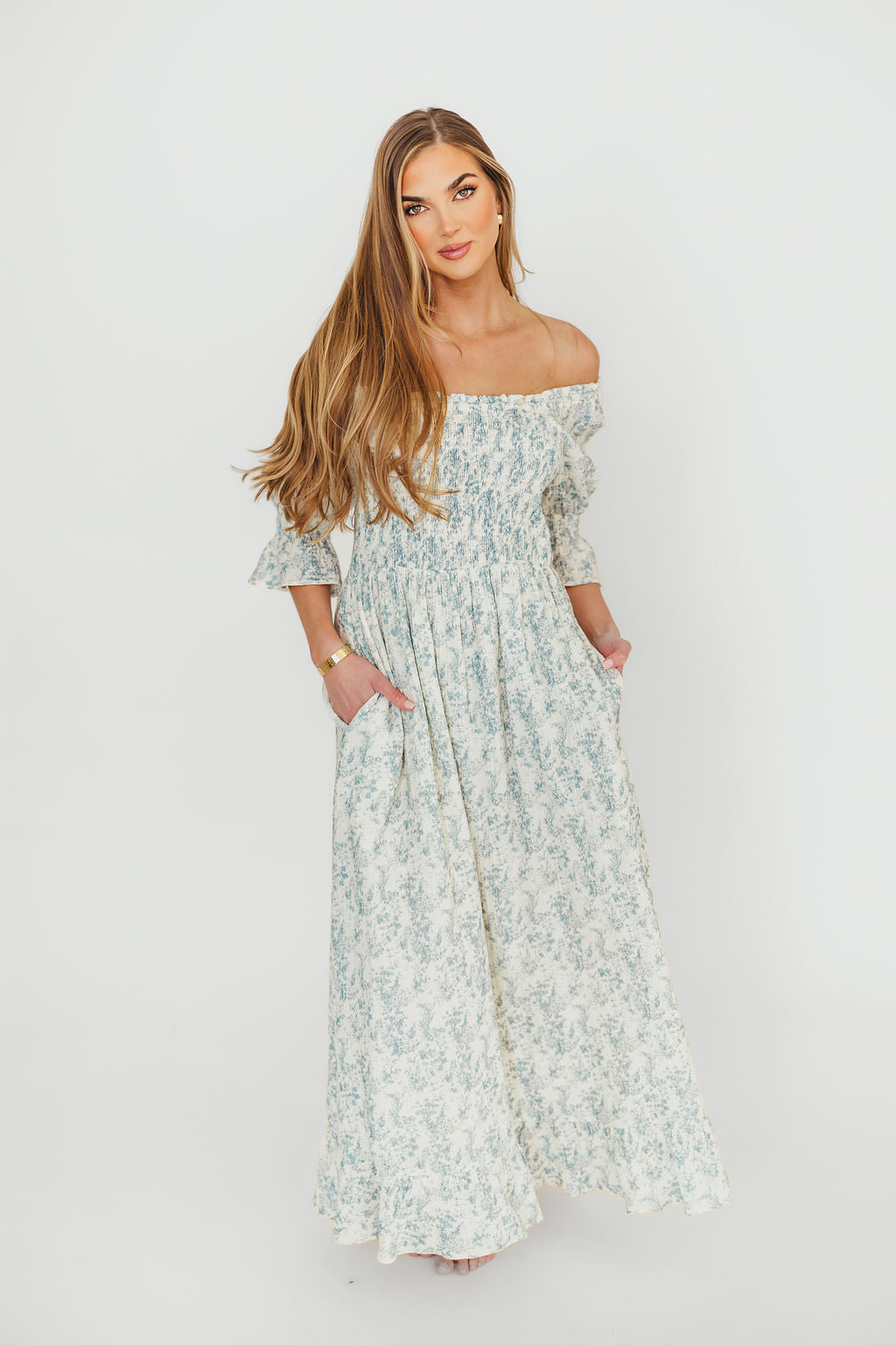 Sienna 100% Cotton Puff Sleeve Maxi Dress in Blue Floral - Bump Friendly