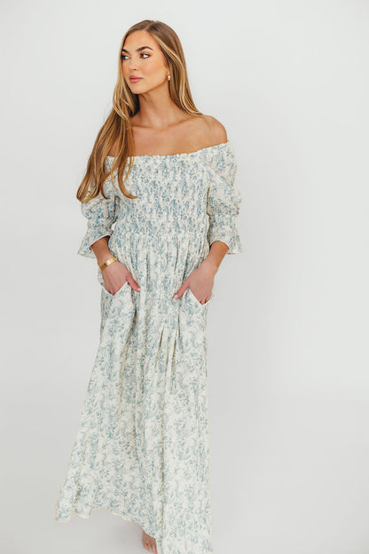 Sienna 100% Cotton Puff Sleeve Maxi Dress in Blue Floral - Bump Friendly
