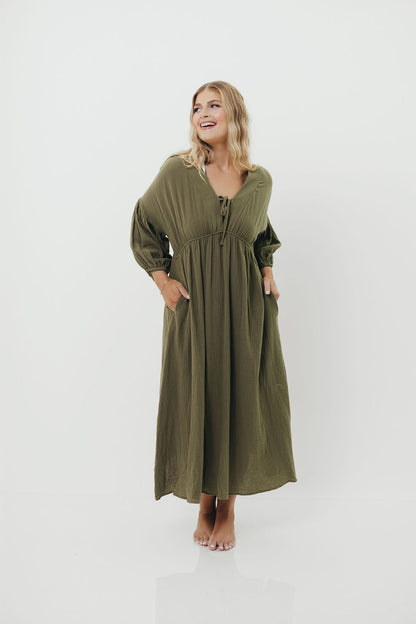 Hunter 100% Cotton Gauze Midi Dress in Green - Bump Friendly
