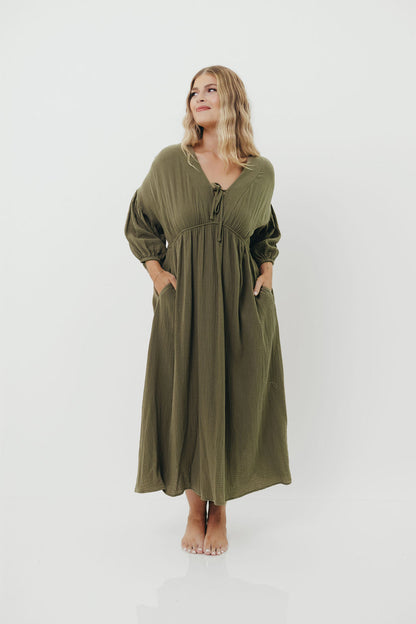 Hunter 100% Cotton Gauze Midi Dress in Green - Bump Friendly