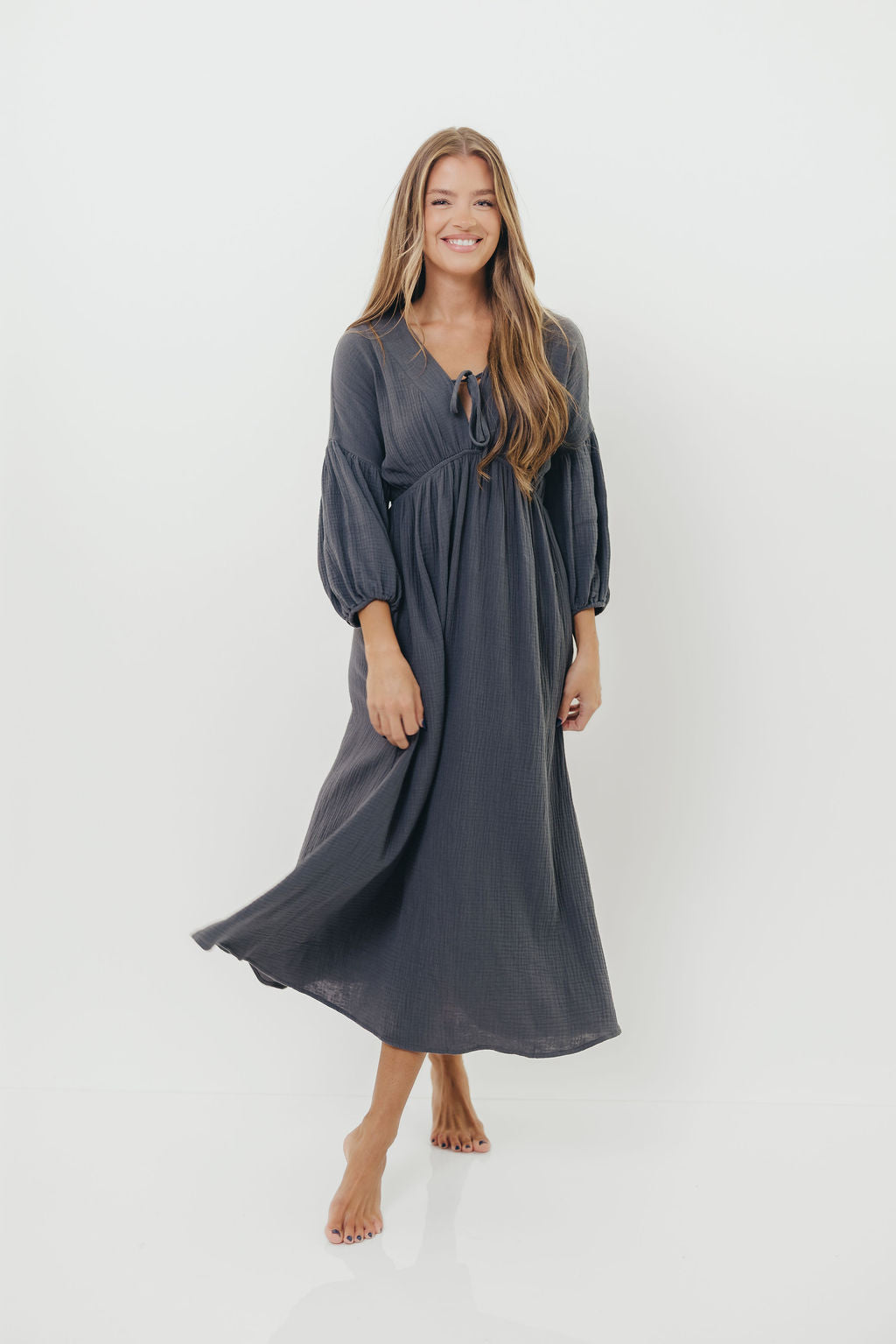 Hunter 100% Cotton Gauze Midi Dress in Dusty Navy - Bump Friendly