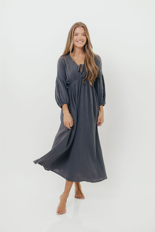 Hunter 100% Cotton Gauze Midi Dress in Dusty Navy - Bump Friendly
