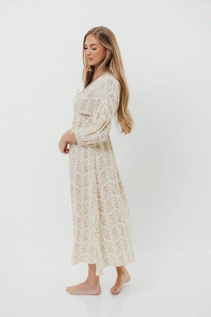 Hunter 100% Cotton Gauze Midi Dress in Natural/Tan Floral - Bump Friendly