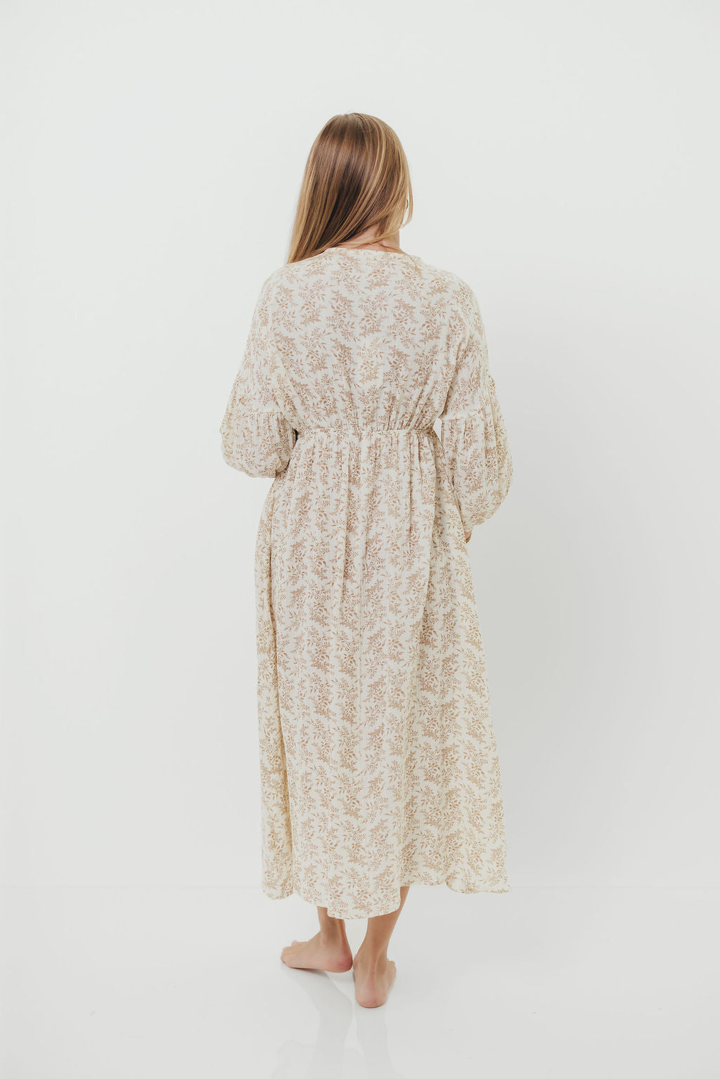 Hunter 100% Cotton Gauze Midi Dress in Natural/Tan Floral - Bump Friendly