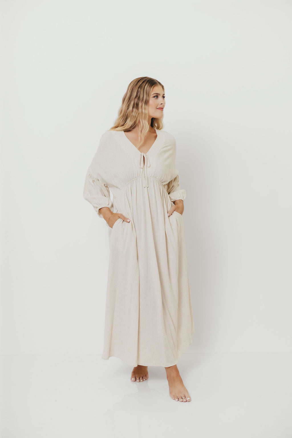 Hunter Linen-Blend Midi Dress in Greige - Bump Friendly *9/22 PRE-ORDER*