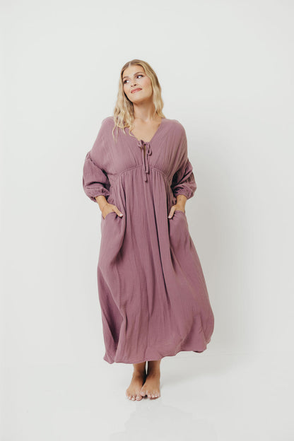 Hunter 100% Cotton Gauze Midi Dress in Smoky Plum - Bump Friendly