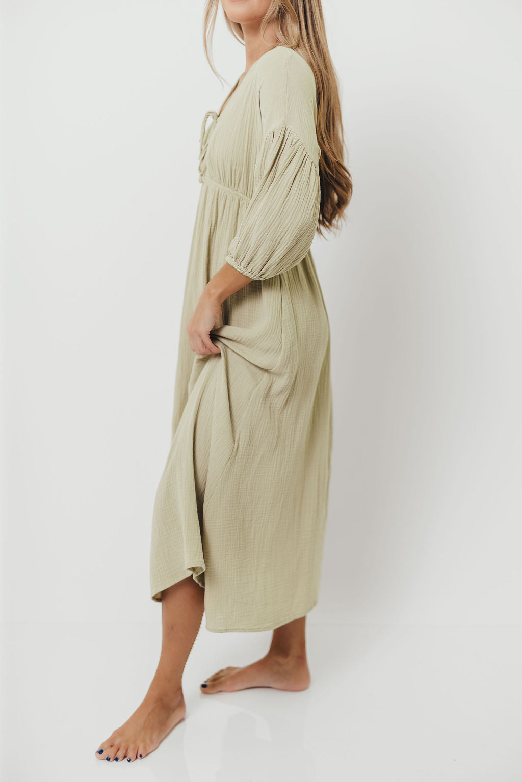 Hunter 100% Cotton Gauze Midi Dress in Thyme - Bump Friendly and Inclusive Sizing *9/22 PRE-ORDER*