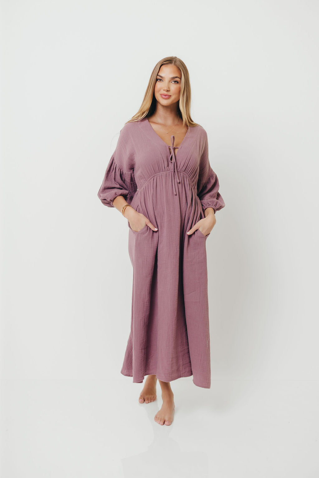 Hunter 100% Cotton Gauze Midi Dress in Smoky Plum - Bump Friendly