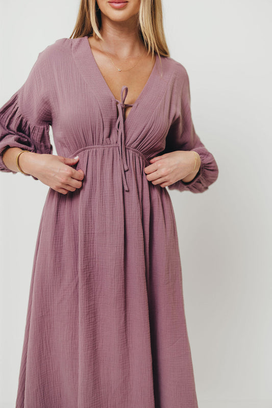 Hunter 100% Cotton Gauze Midi Dress in Smoky Plum - Bump Friendly
