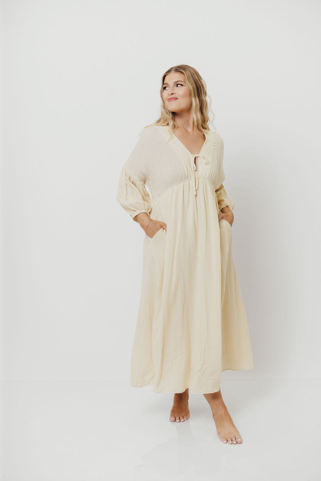 Hunter 100% Cotton Gauze Midi Dress in Butter - Bump Friendly