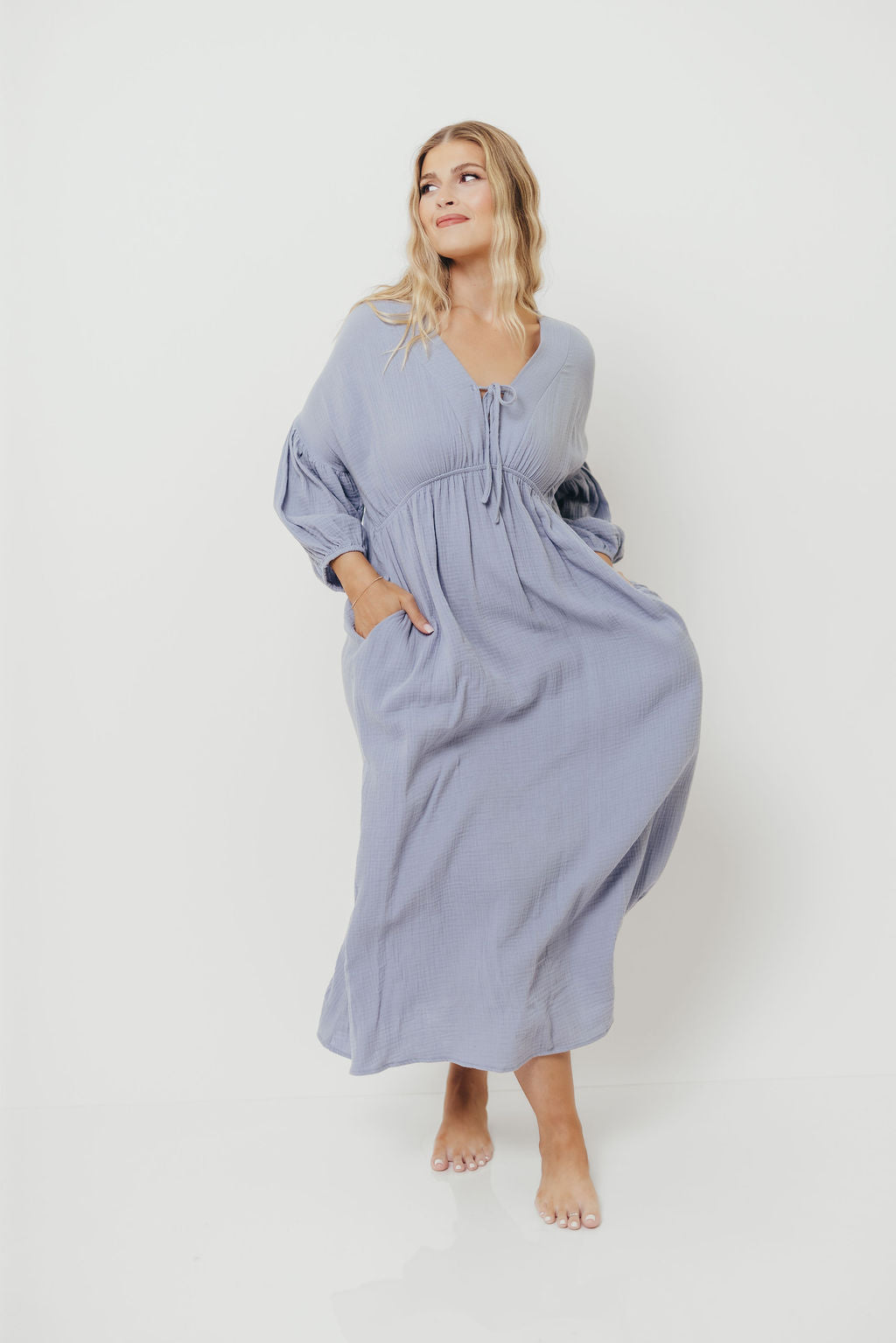 Hunter 100% Cotton Gauze Midi Dress in Blue - Bump Friendly