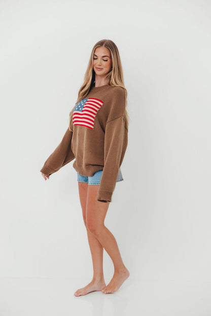 Justice American Flag Crewneck Sweater in Olive Brown