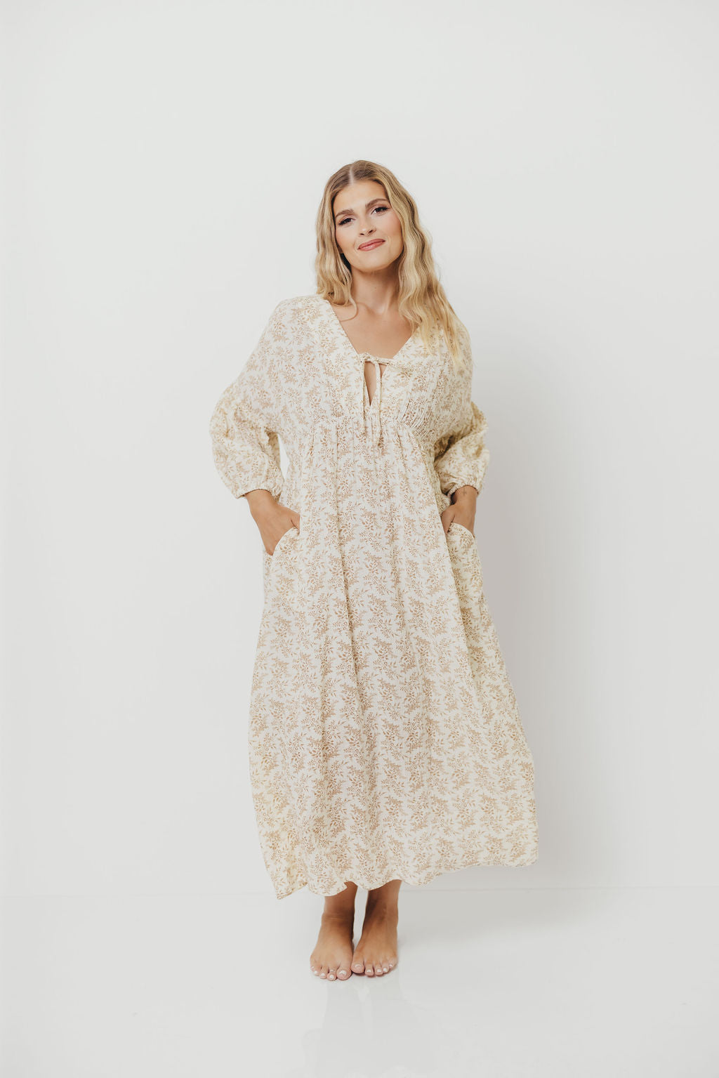 Hunter 100% Cotton Gauze Midi Dress in Natural/Tan Floral - Bump Friendly