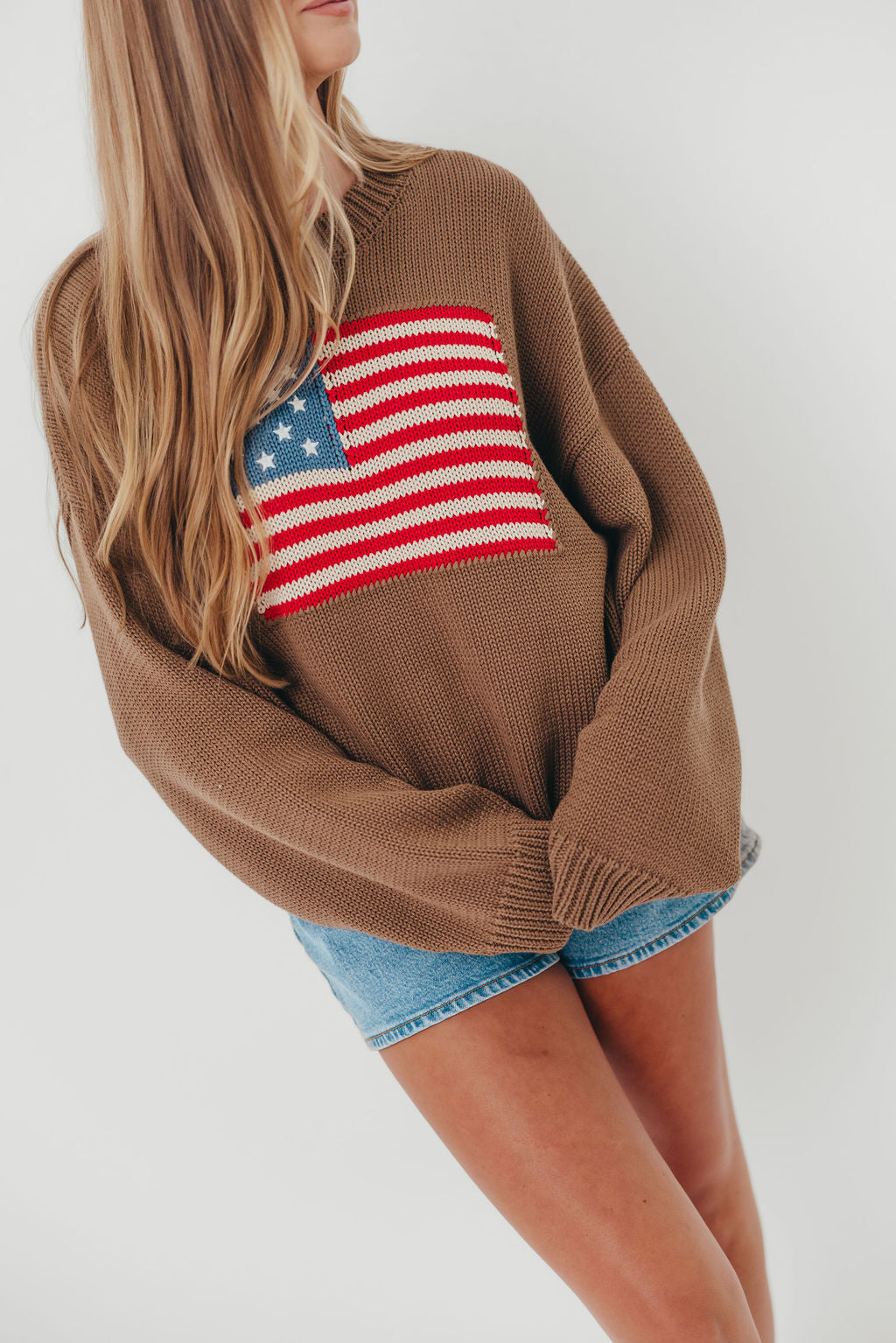 Justice American Flag Crewneck Sweater in Olive Brown