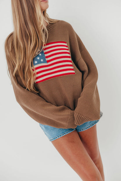 Justice American Flag Crewneck Sweater in Olive Brown