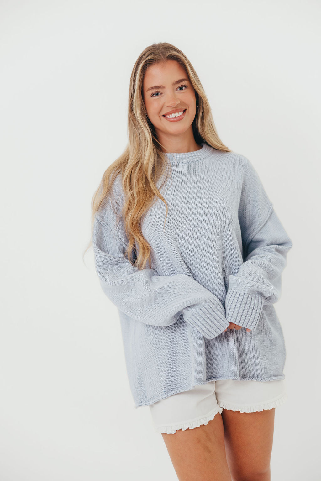 Luna Relaxed Boyfriend Fit Crew Neck Sweater in Misty Blue