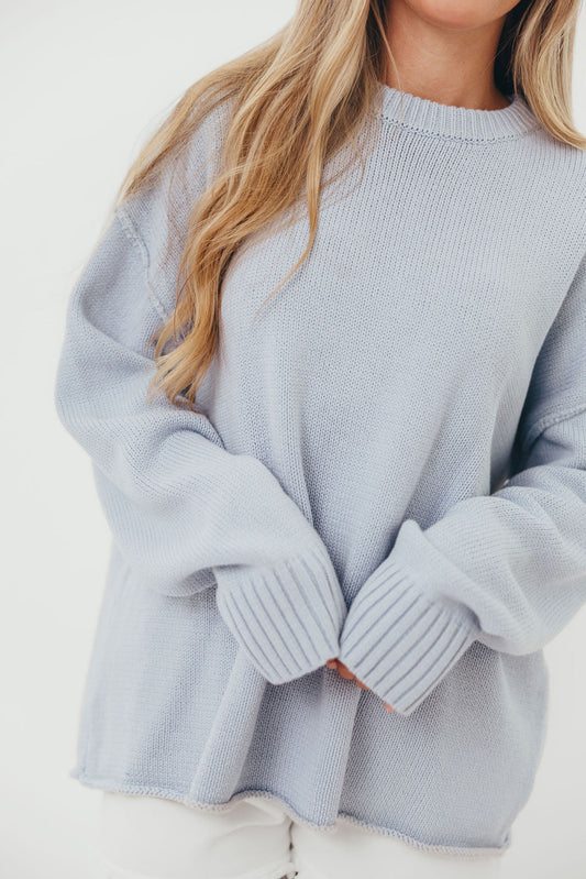 Luna Relaxed Boyfriend Fit Crew Neck Sweater in Misty Blue