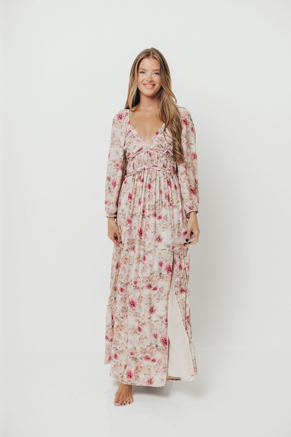 Daphne Long Sleeve Maxi Dress in Pink/Beige Multi Floral - Bump Friendly *9/30 PRE-ORDER*