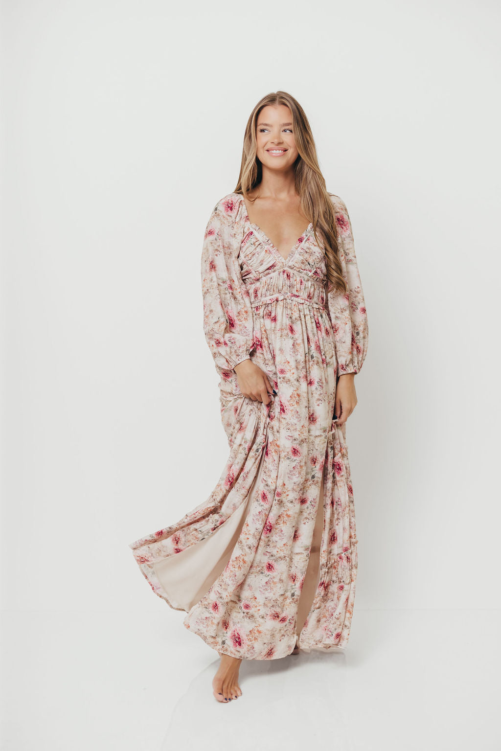 Daphne Long Sleeve Maxi Dress in Pink/Beige Multi Floral - Bump Friendly *9/30 PRE-ORDER*
