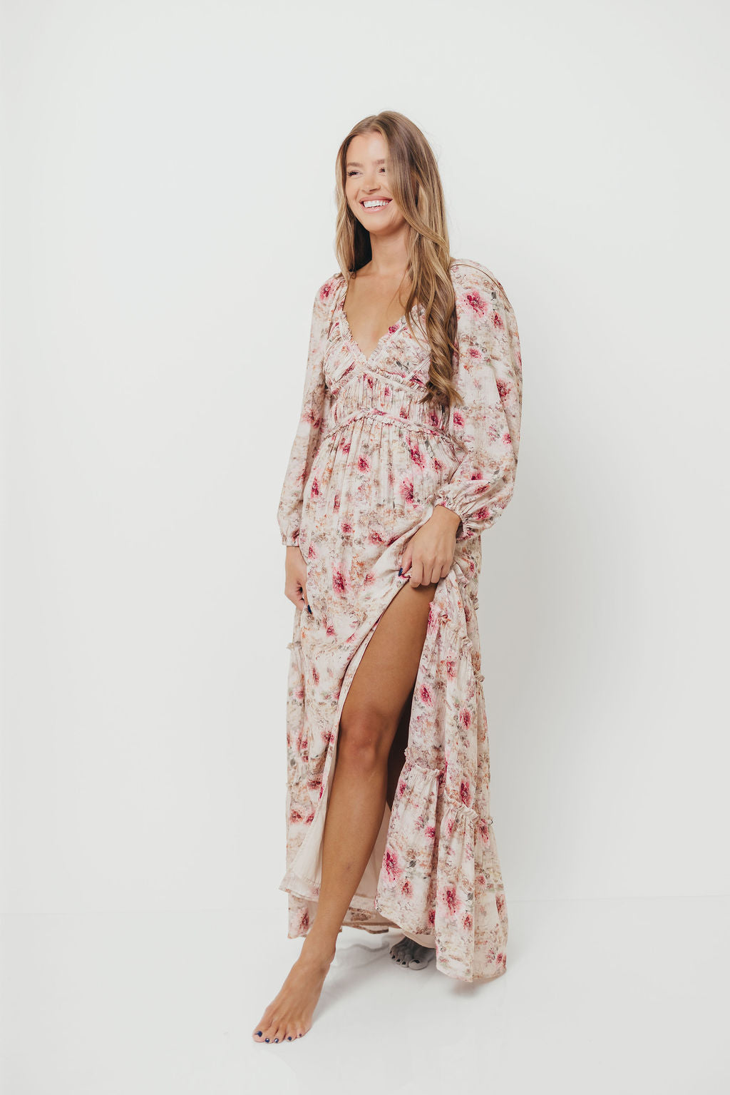 Daphne Long Sleeve Maxi Dress in Pink/Beige Multi Floral - Bump Friendly *9/30 PRE-ORDER*