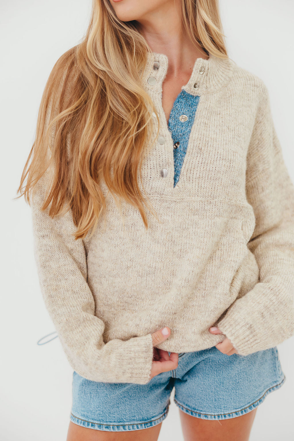Blythe Two Tone Snap Collar Sweater in Oatmeal