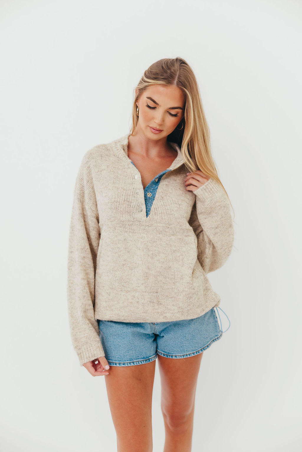 Blythe Two Tone Snap Collar Sweater in Oatmeal