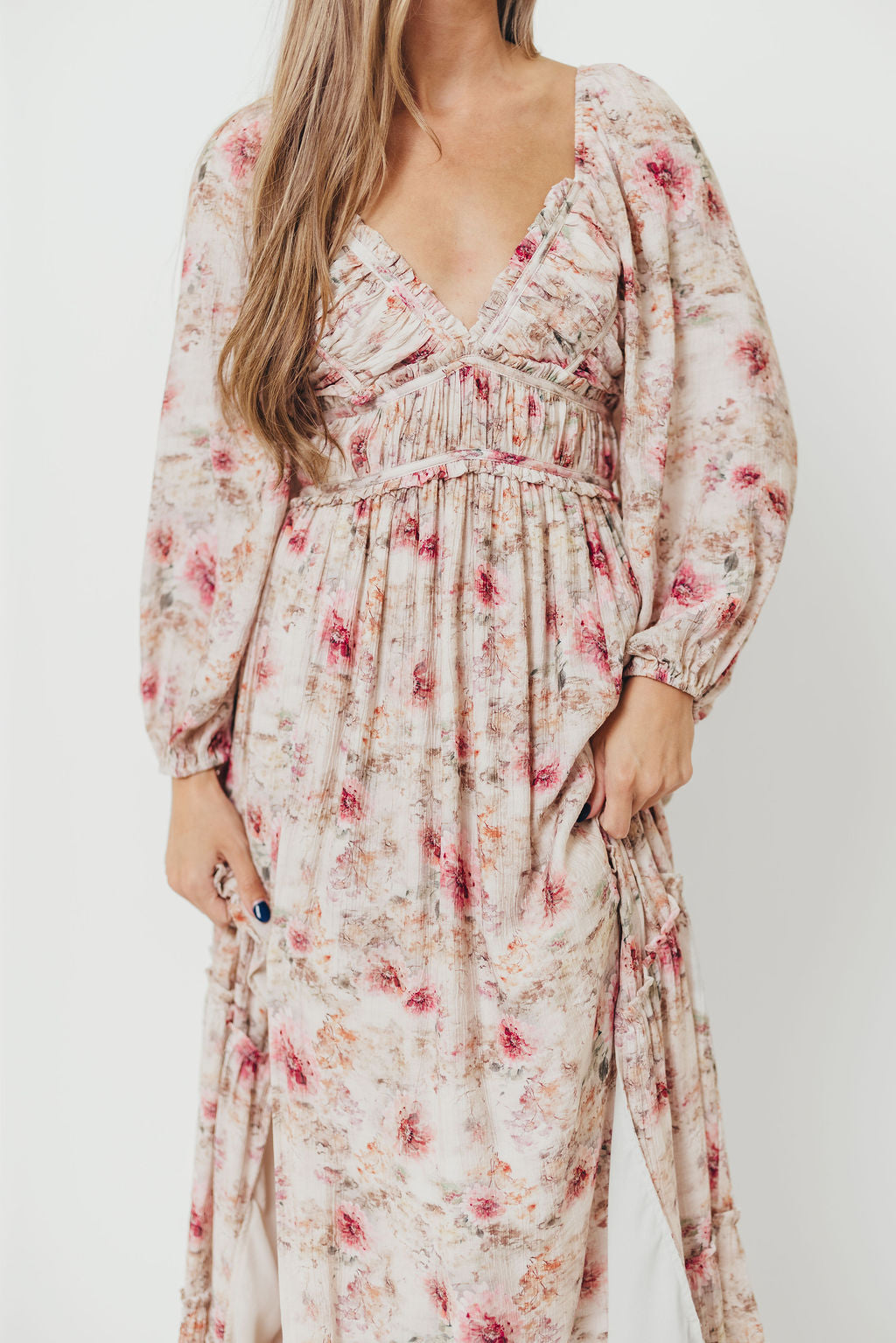 Daphne Long Sleeve Maxi Dress in Pink/Beige Multi Floral - Bump Friendly *9/30 PRE-ORDER*
