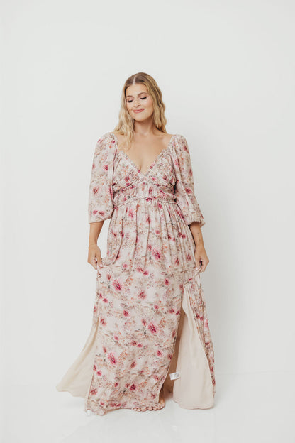 Daphne Long Sleeve Maxi Dress in Pink/Beige Multi Floral - Bump Friendly *9/30 PRE-ORDER*
