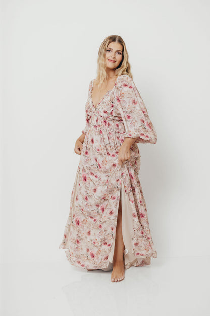 Daphne Long Sleeve Maxi Dress in Pink/Beige Multi Floral - Bump Friendly *9/30 PRE-ORDER*