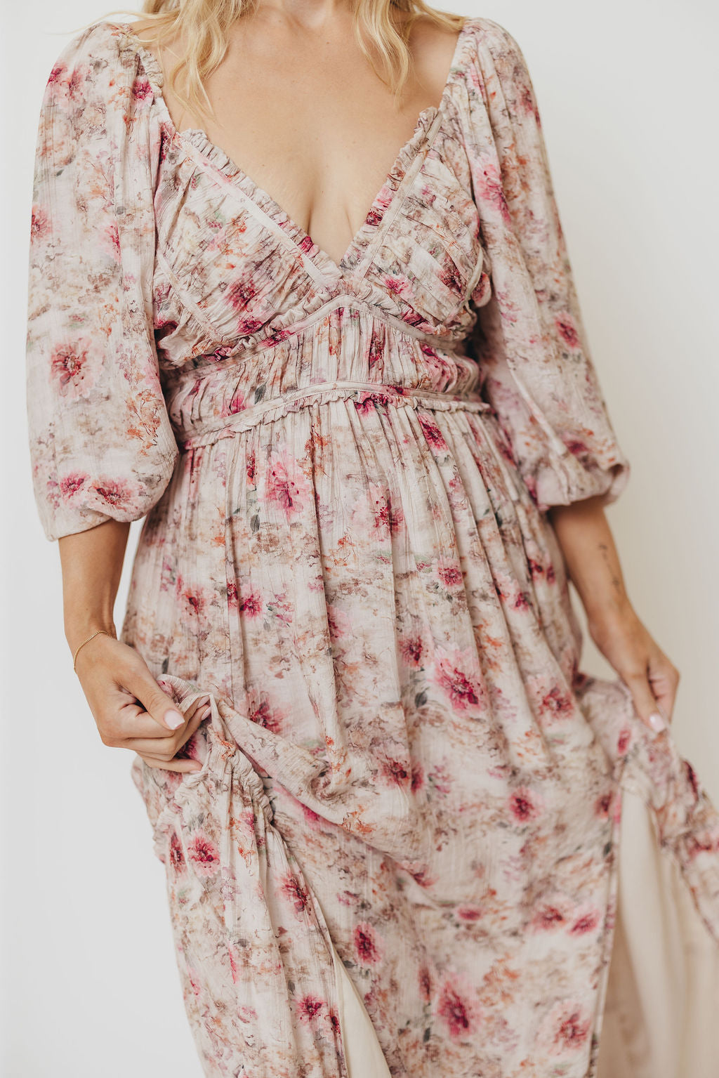 Daphne Long Sleeve Maxi Dress in Pink/Beige Multi Floral - Bump Friendly *9/30 PRE-ORDER*