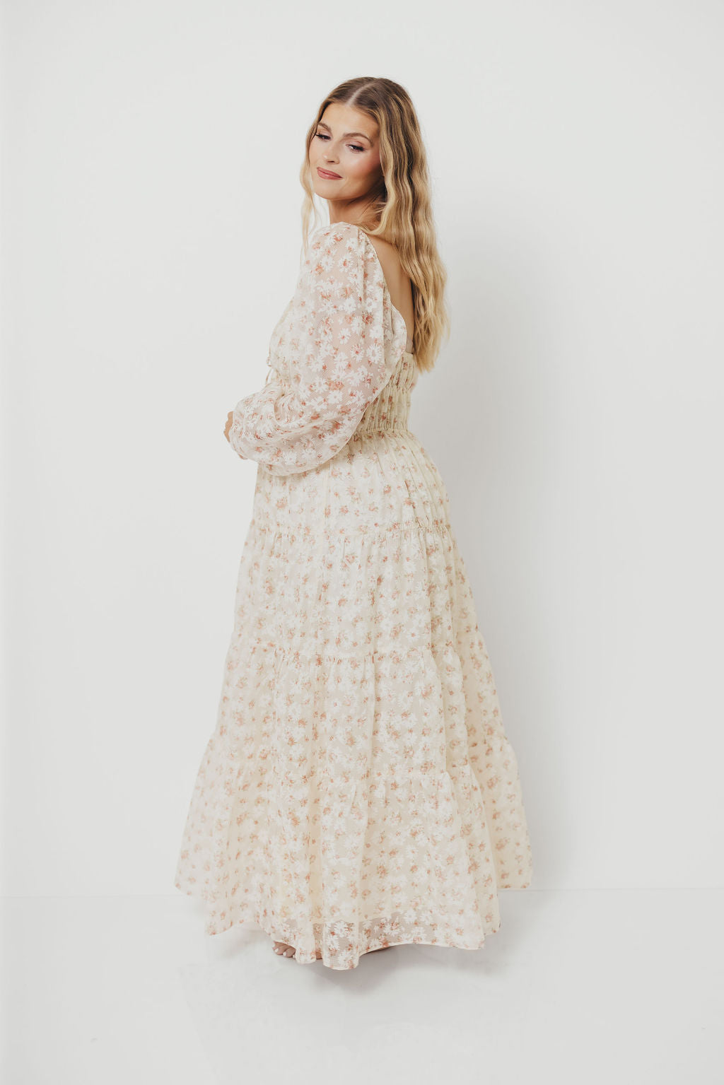 Macklynn V-Neck Long Sleeve Tier Maxi Dress in Cream/Orange Floral