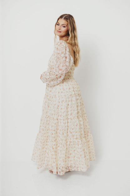 Macklynn V-Neck Long Sleeve Tier Maxi Dress in Cream/Orange Floral