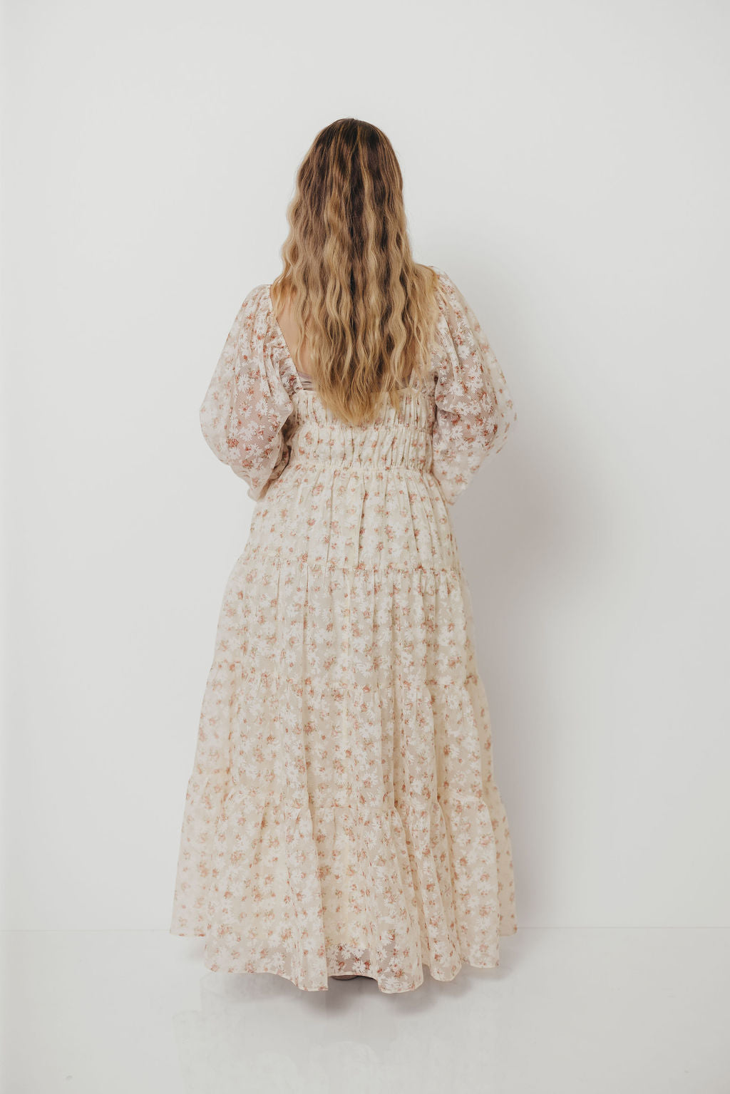 Macklynn V-Neck Long Sleeve Tier Maxi Dress in Cream/Orange Floral