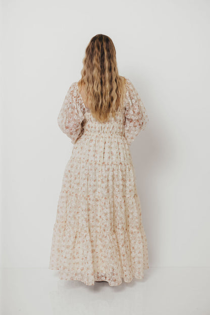 Macklynn V-Neck Long Sleeve Tier Maxi Dress in Cream/Orange Floral