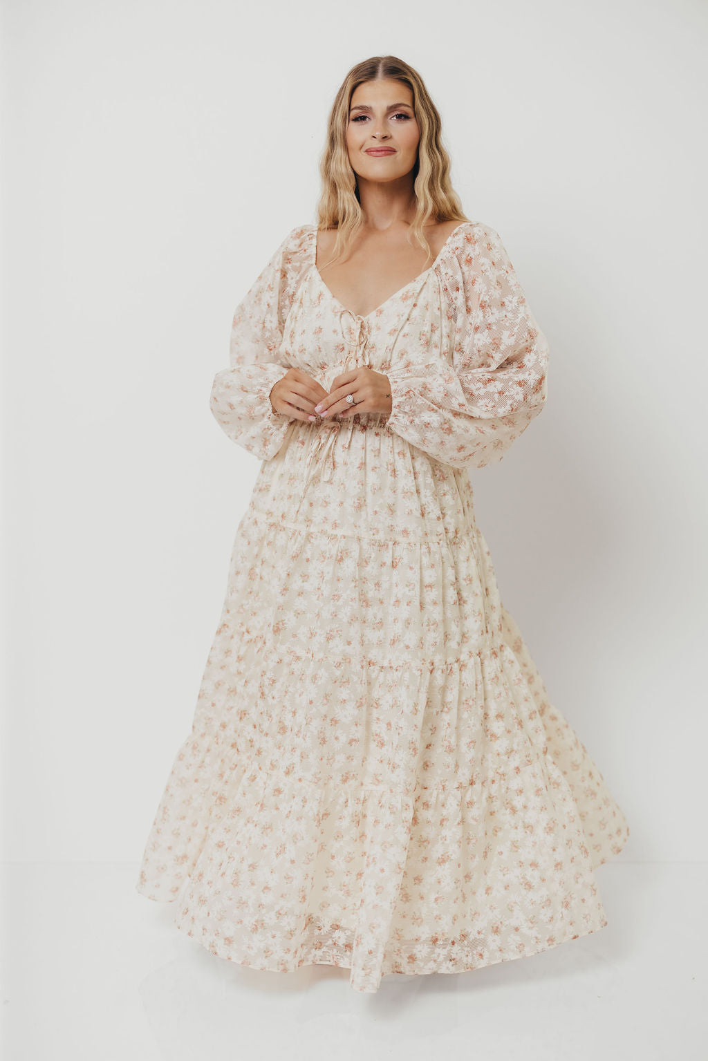 Macklynn V-Neck Long Sleeve Tier Maxi Dress in Cream/Orange Floral