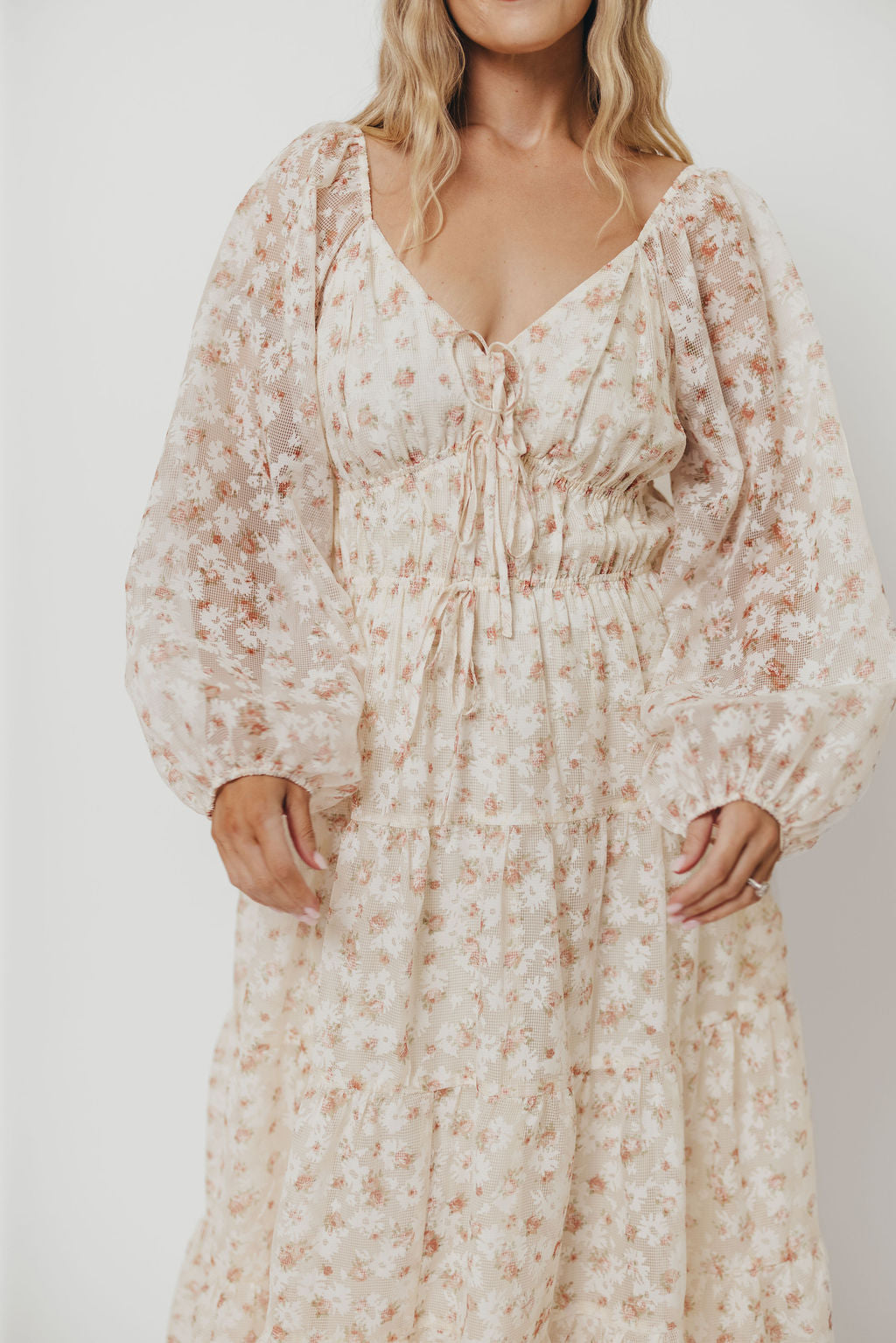 Macklynn V-Neck Long Sleeve Tier Maxi Dress in Cream/Orange Floral