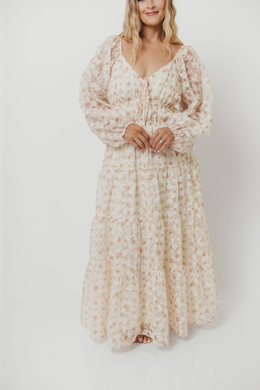 Macklynn V-Neck Long Sleeve Tier Maxi Dress in Cream/Orange Floral