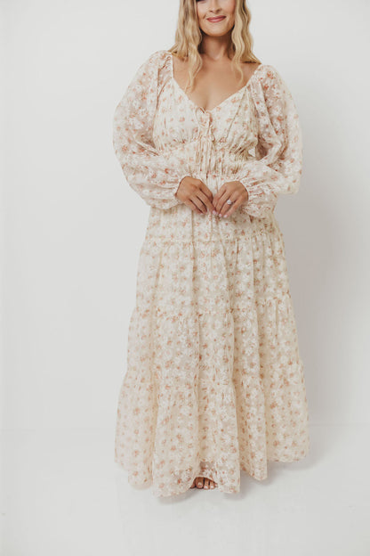 Macklynn V-Neck Long Sleeve Tier Maxi Dress in Cream/Orange Floral