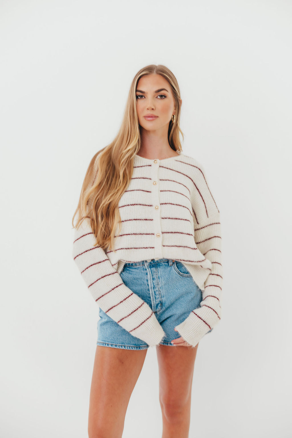 Bellevue Cardigan Top in Cream Burgundy