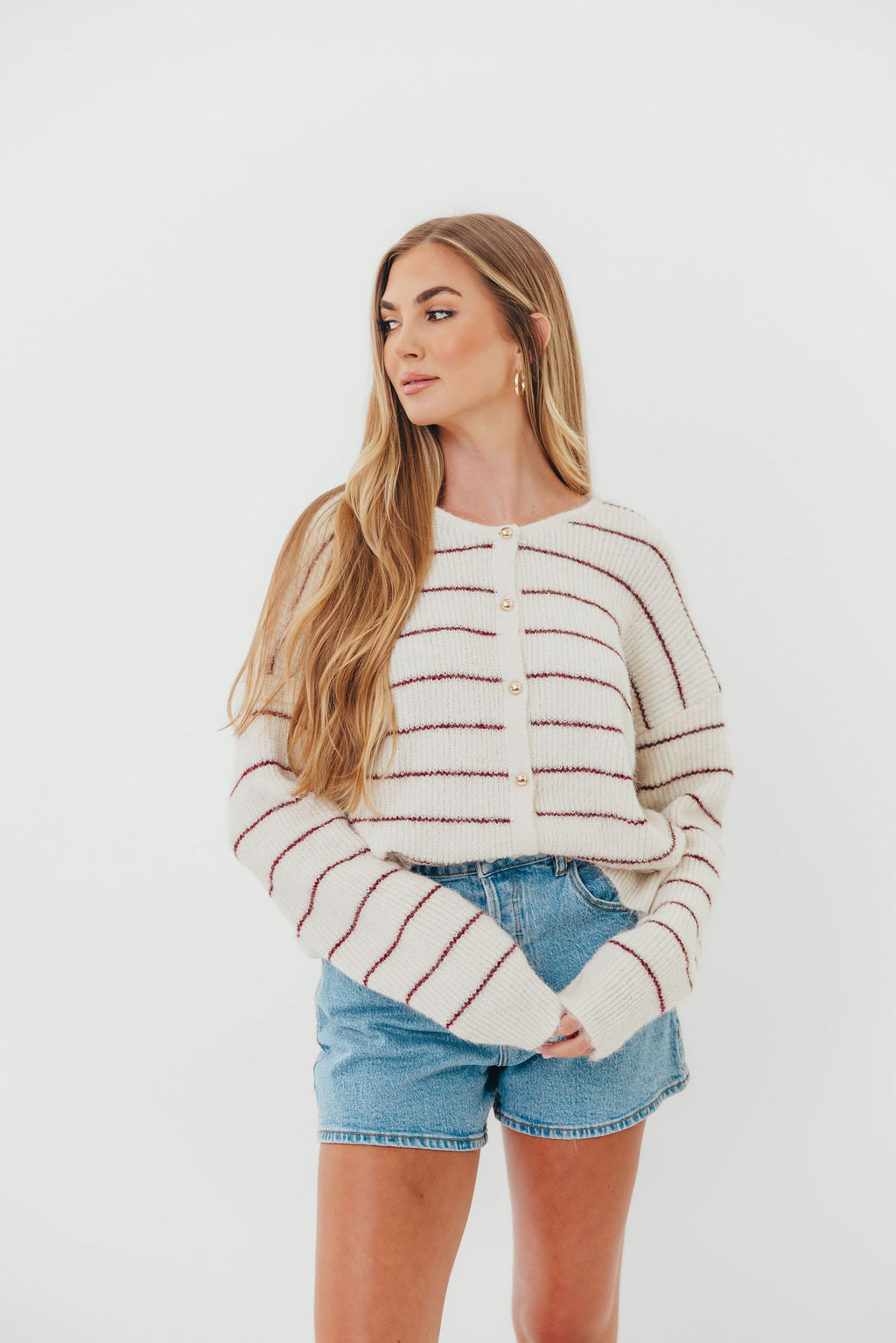 Bellevue Cardigan Top in Cream Burgundy