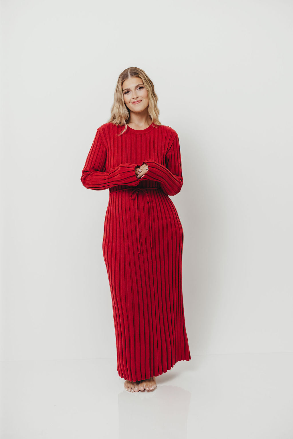 Colette Luxe Premium Long Sleeved Ribbed Knit Maxi Dress in Muted Red - Bump Friendly