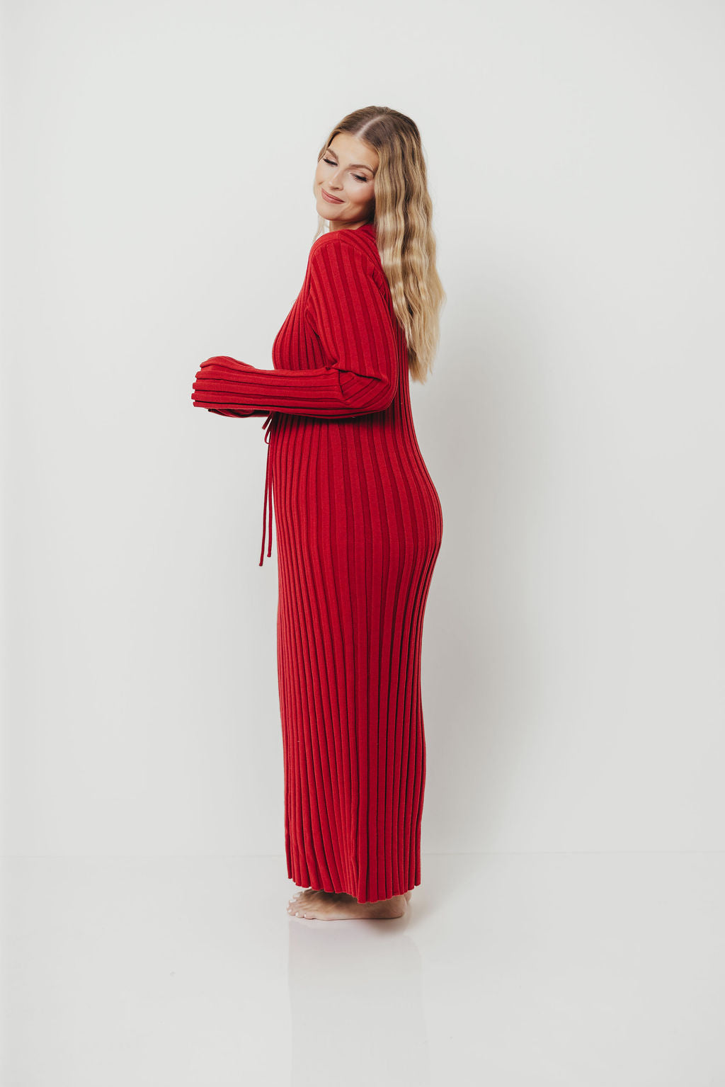 Colette Luxe Premium Long Sleeved Ribbed Knit Maxi Dress in Muted Red - Bump Friendly